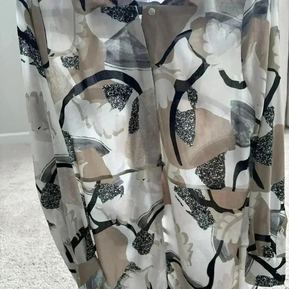 Alfani Button Down Blouse Sheer Womens Black White Tan Floral Print Sz 10 - Picture 4 of 6